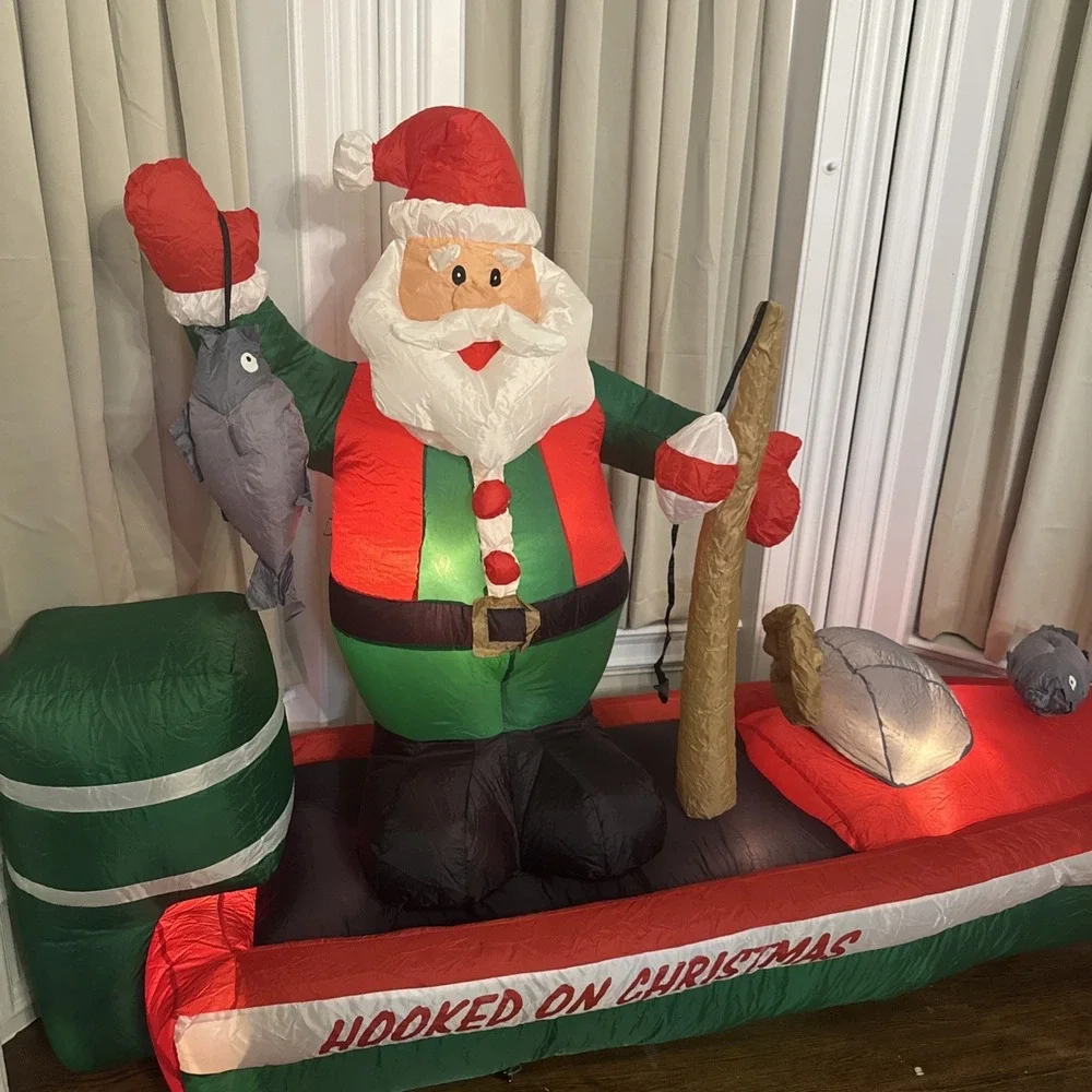 INFLATABLE‎ Christmas SANTA Claus FISHERMAN BOAT HOOKED ON CHRISTMAS LIGHTED 8ft